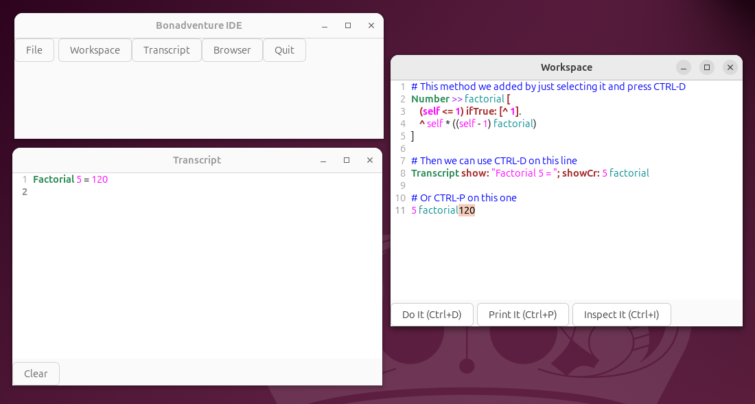 Bona GTK IDE screenshot with Launcher, Workspace, and Transcript
